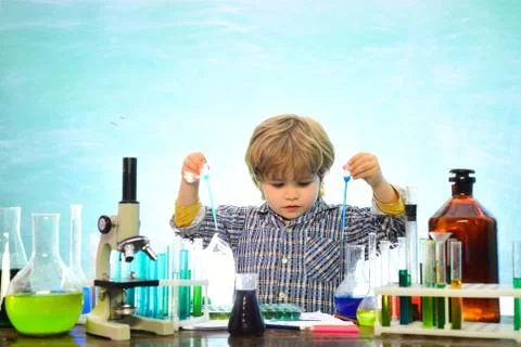 Learning at home. Biology experiments with microscope. Ready for school Stock Photos