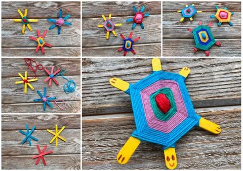 Learning how to make a turtle from yarn and wooden sticks, photo collage. Stock Photos