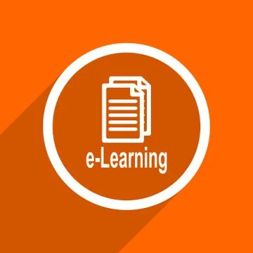 Learning icon. Orange flat button. Web and mobile app design illustration Illustrazione stock