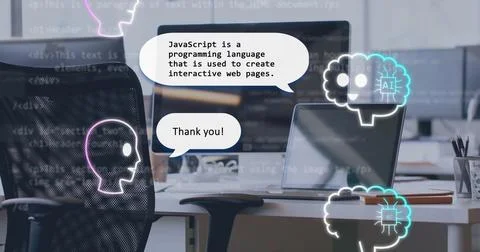 Learning JavaScript, AI icons and text bubbles on computer screen in modern Stock Photos