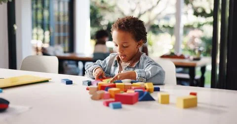 Learning, kid or game with building blocks in home for fine motor skills, p.. Stock Photos