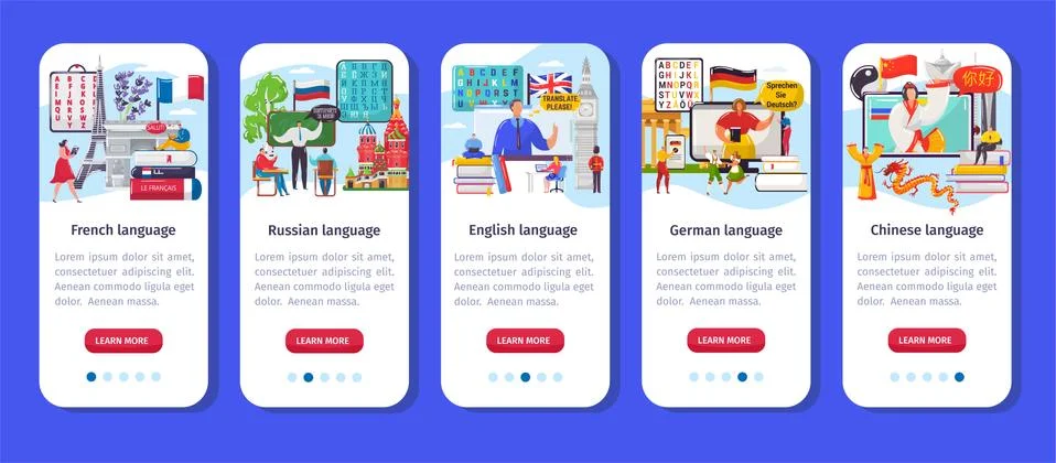 Learning language app vector illustration, crtoon flat vertical mobile Stock Illustration