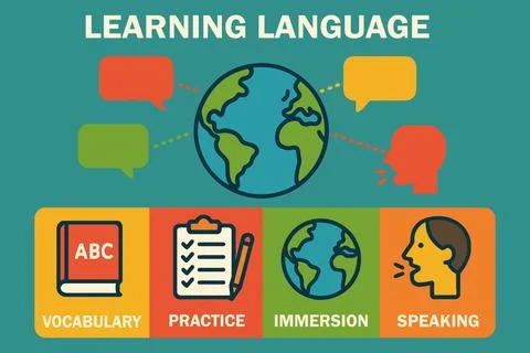 Learning language globally through vocabulary practice and immersion Stockillustratie