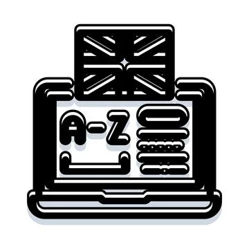 Learning language online with laptop computer and flag Illustrazione stock