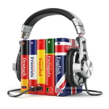 Learning languages online. Audiobooks concept. Books and headphones isolated Stock Illustration