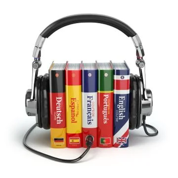 Learning languages online. Audiobooks concept. Books and headphones isolated Stock Illustration