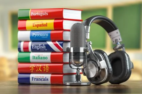 Learning languages online.  Dictionary books of different languages with head Stock Illustration