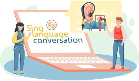 Learning languages online with laptop. Webinar, sign language teaching group Stock Illustration