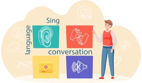 Learning languages online with laptop. Webinar, sign language teaching group Stock Illustration