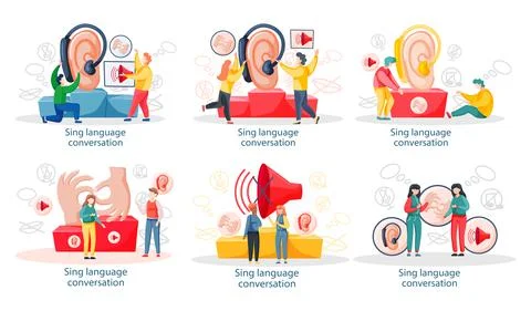 Learning languages online scenes set. Webinar, sign language teaching group Stock Illustration