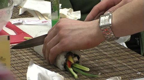 Learning, lesson, master class on preparing sushi 3.m2t Stock Footage 5186734