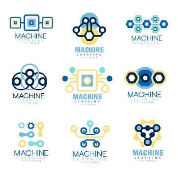Learning machine label original design set of vector Illustrations on blue Illustrazione stock