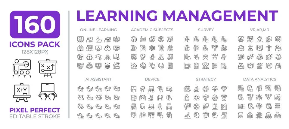 Learning management line icons set collection Stock Illustration