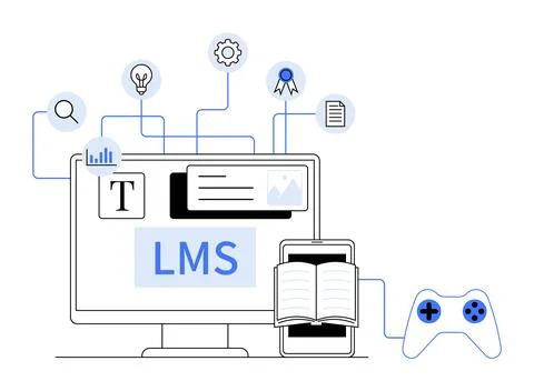 Learning Management System Concept with Computer, Book, Icons and Game Cont.. Stock Illustration