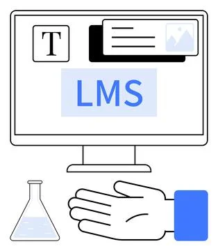Learning Management System Concept with Computer, Text, Images, Lab Flask, .. Stock Illustration
