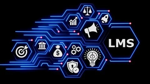 Learning management system concept displayed on modern digital grid. Stock Illustration