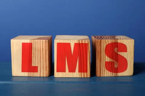 Learning management system. Cubes with abbreviation LMS on blue wooden table 스톡 사진