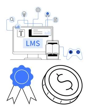 Learning Management System with Digital Interface, Open Book, Game Controll.. Stock Illustration