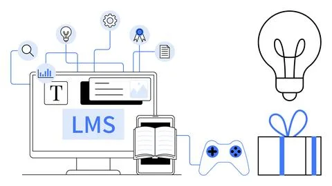 Learning Management System with Educational and Gaming Icons Connected by B.. Stock Illustration
