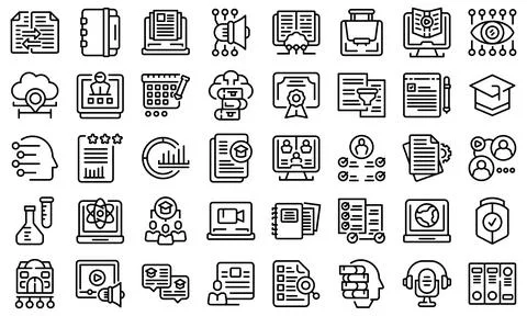 Learning management system icons set outline vector. Laptop machine Stock Illustration