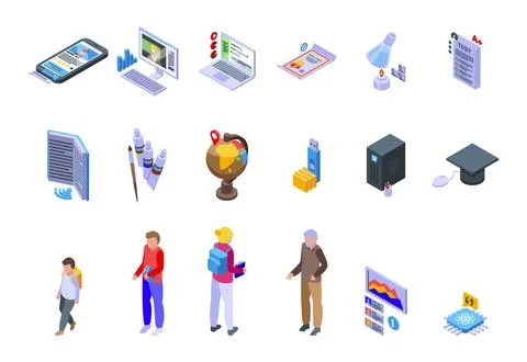 Learning management system icons set isometric vector. Laptop machine Stock-Illustration