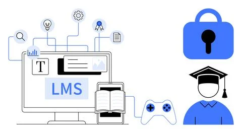 Learning Management System with Online Education and Security Stock Illustration