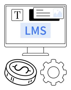 Learning Management System Symbolized by Computer Screen, Coin, and Gear fo.. Stock Illustration