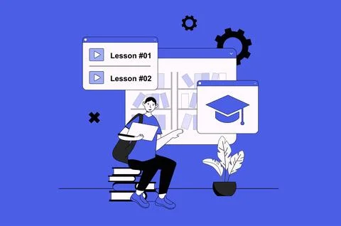Learning management system web concept with character scene in flat design. P 스톡 일러스트