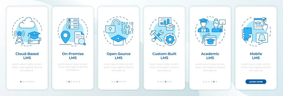 Learning management systems main types blue onboarding mobile app screen Stockillustratie