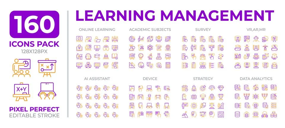 Learning management two color line icons set collection Stock Illustration