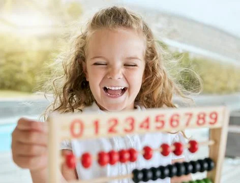 Learning math, abacus smile and girl studying with tool for help, easy education Foto stock