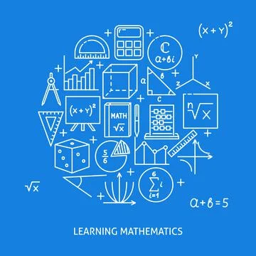 Learning mathematics round banner in line style Stock Illustration