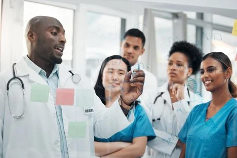 Learning, mentor and writing with doctors in meeting for research, medical and Stock Photos