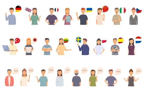 Learning a new language icons set cartoon vector. Book learn Stock Illustration