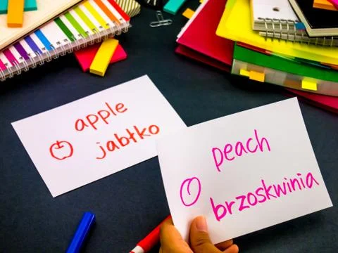 Learning New Language Making Original Flash Cards; Polish Stock Photos