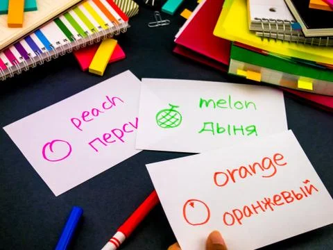 Learning New Language Making Original Flash Cards; Russian Stock Photos