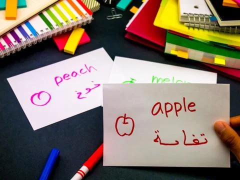 Learning New Language Making Original Flash Cards; Arabic Stock Photos