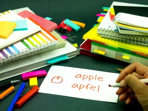 Learning New Language Making Original Flash Cards; German Stock Photos