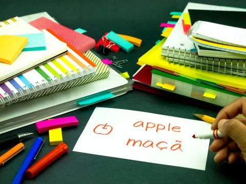 Learning New Language Making Original Flash Cards; Portuguese Stock Photos