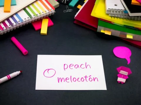 Learning New Language Making Original Flash Cards; Spanish Stock Photos