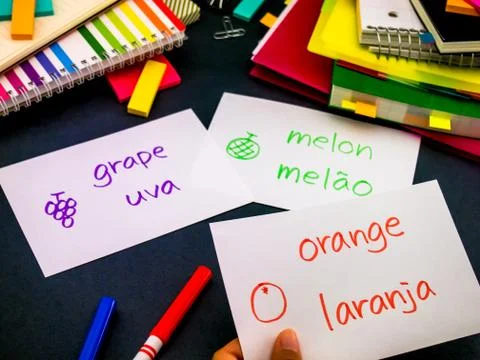 Learning New Language Making Original Flash Cards; Portuguese Foto stock