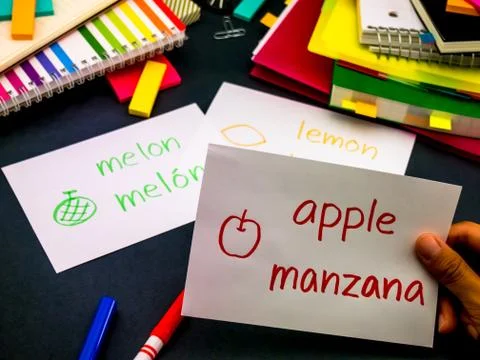 Learning New Language Making Original Flash Cards; Spanish Stock Photos