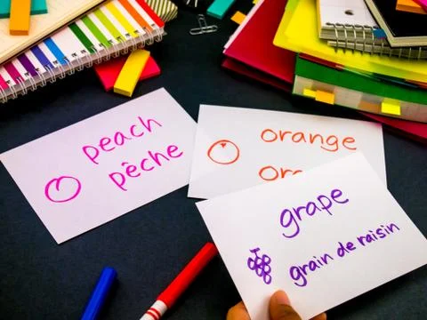 Learning New Language Making Original Flash Cards; French Stock Photos