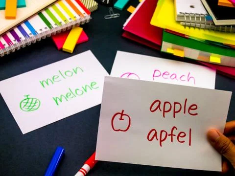 Learning New Language Making Original Flash Cards; German Stock Photos