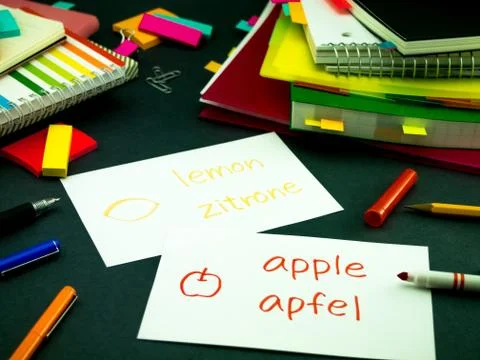 Learning New Language Making Original Flash Cards; German Stock Photos