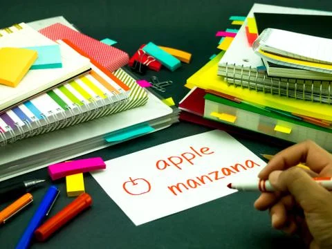 Learning New Language Making Original Flash Cards; Spanish Stock Photos