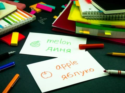 Learning New Language Making Original Flash Cards; Ukrainian Stock Photos