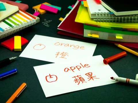 Learning New Language Making Original Flash Cards; Mandarin Stock Photos