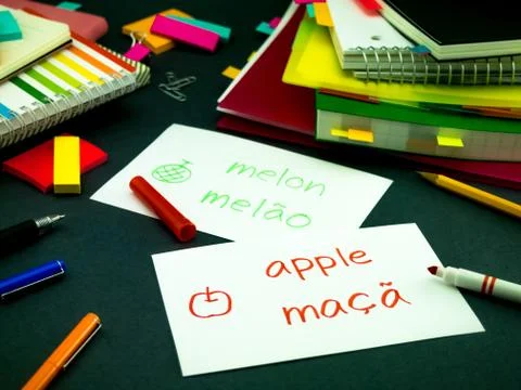 Learning New Language Making Original Flash Cards; Portuguese Stock Photos