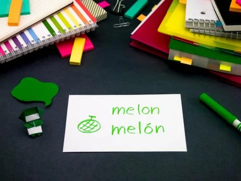 Learning New Language Making Original Flash Cards; Spanish Stock Photos